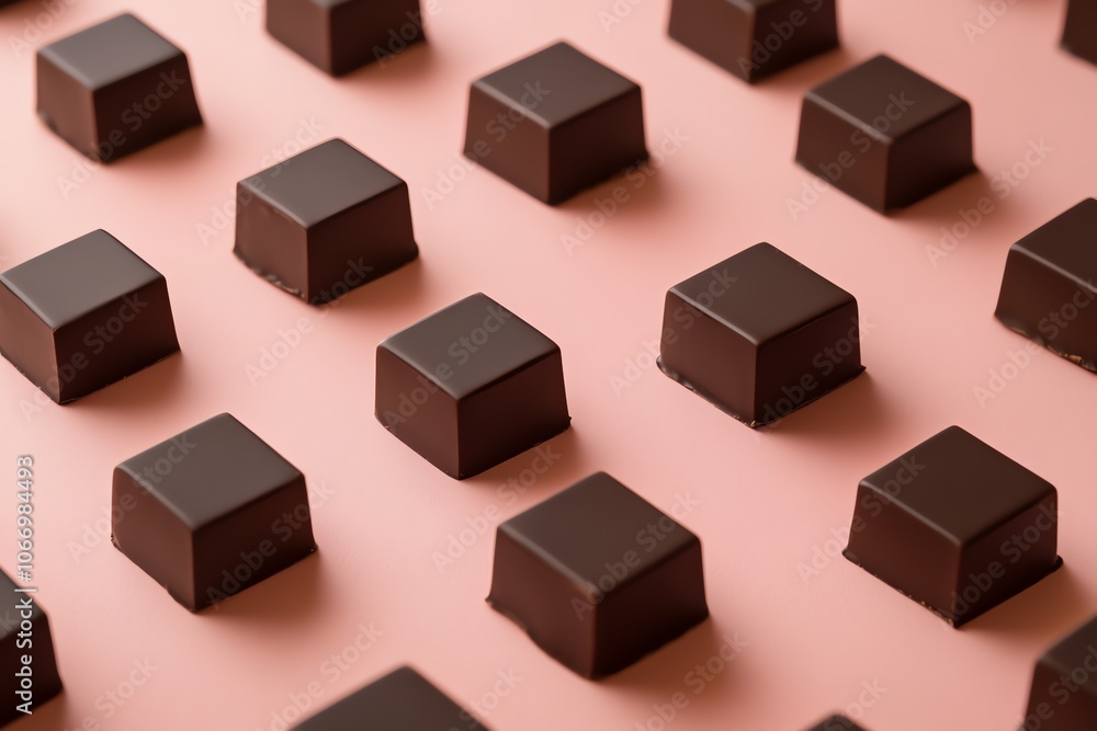 Rangées de carrés de chocolat noir sur un fond rose doux, créant une sensation riche et gourmande.. Rangées de carrés de chocolat noir sur un fond rose doux, créant une sensation riche et gourmande..