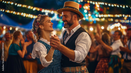 joyful couple dressed in traditional Bavarian attire dances together at a festive celebration, surrounded by warm lights and lively decor. Their smiles capture the happiness and energy of the moment.