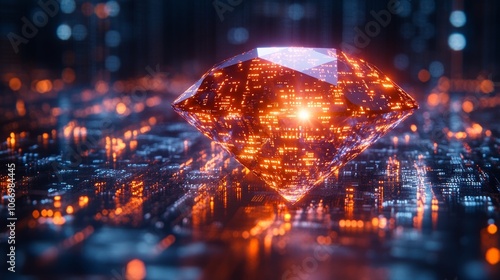 Glowing diamond reflecting futuristic city lights: quantum computing and blockchain technology photo