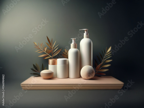 A minimalist still life with four white bottles and two orb-shaped objects on a light wood platform.  Gold leaves and a muted green background create a calming ambiance. photo