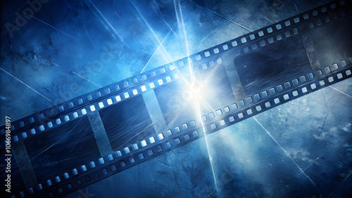 Mysterious Film Effect on Dark Blue Background with Scratches and Light Halo. Perfect for: nighttime events, mystery-themed gatherings, film screenings
