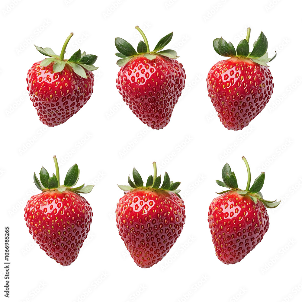 Four fresh strawberries with green leaves arranged in grid on transparent background Four fresh strawberries with green leaves arranged in grid on transparent background