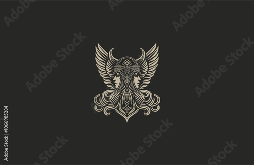valkyrie women warrior logo engraving vector vintage design