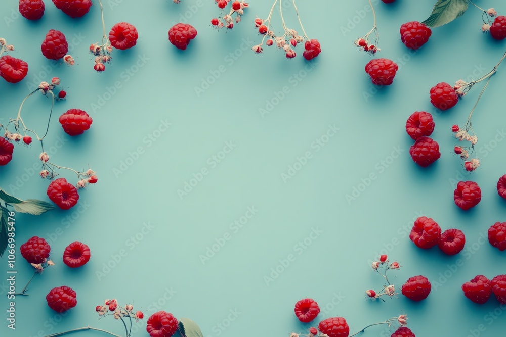 Framboises disposées sur un fond bleu pastel pour une esthétique vive et inspirée des fruits rouges.. Framboises disposées sur un fond bleu pastel pour une esthétique vive et inspirée des fruits rouges..