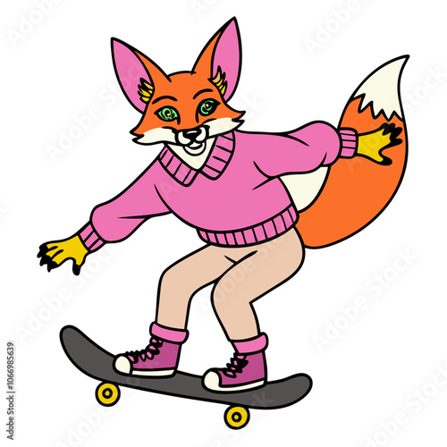 Cool Fox Skateboarding: A cartoon fox in a pink sweater is skateboarding with a confident and cool expression.  This illustration is perfect for representing fun, youth, and individuality. 