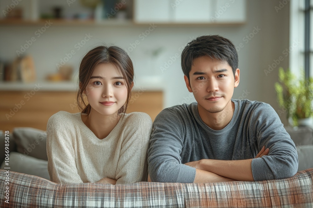 Family problem concept, Close-up hands of Asian wife sitting on sofa and husband sitting back to back in the living room at home have problems in a relationship and have an, Generative AI Family problem concept, Close-up hands of Asian wife sitting on sofa and husband sitting back to back in the living room at home have problems in a relationship and have an, Generative AI