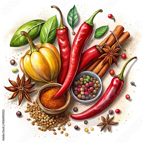 Chilli peppers and spice isolated on a white background