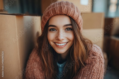 Happy woman checking stuff in cardboard box before sent to transportation company and moving to new location apartment, Generative AI photo