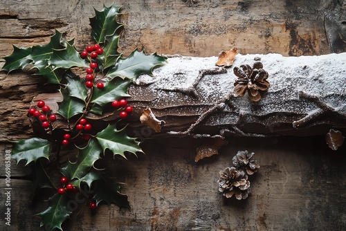 Bûche de Noël traditionnelle au chocolat décorée de sucre en poudre, feuilles de houx et baies rouges sur un fond en bois rustique, évoquant une ambiance de fête chaleureuse..