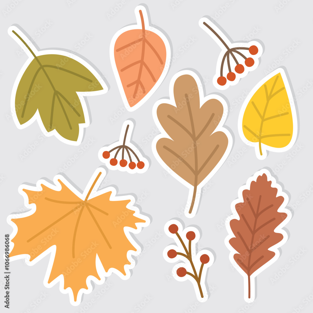 Set of stickers with autumn leaves and berries. Cute decorative fall elements Set of stickers with autumn leaves and berries. Cute decorative fall elements