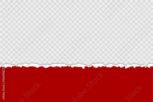 Red torn paper down on horizontal page. Scrapbook ripped edges paper background isolated vector design
