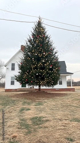 Rural American home with a decorated Christmas tree on the front lawn classic red and white ornaments