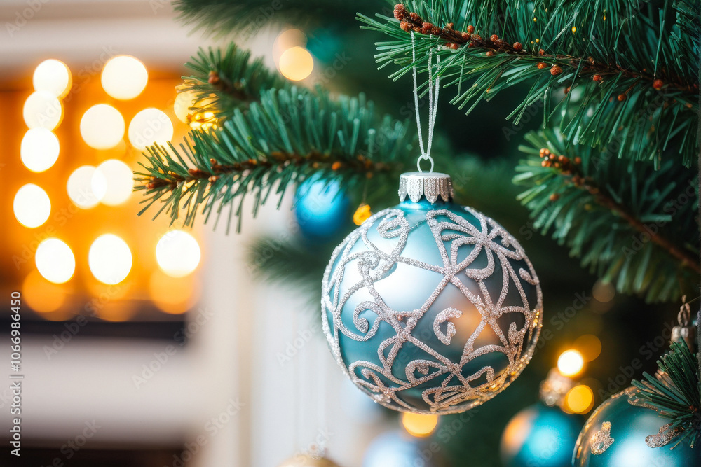 Elegant blue and silver Christmas ornament hanging on a tree branch with soft holiday lights glowing warmly in the background. Generative AI Elegant blue and silver Christmas ornament hanging on a tree branch with soft holiday lights glowing warmly in the background. Generative AI