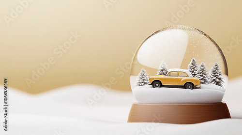 Charming snow globe featuring vintage yellow car surrounded by snowy trees, evoking nostalgic winter scene.