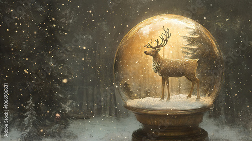 Serene snow globe featuring majestic deer surrounded by snowy forest, evoking magical winter atmosphere.