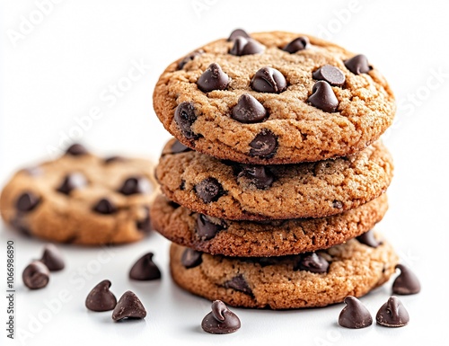 Stack of Chocolate Chip Cookies with Chocolate Chips on White Background