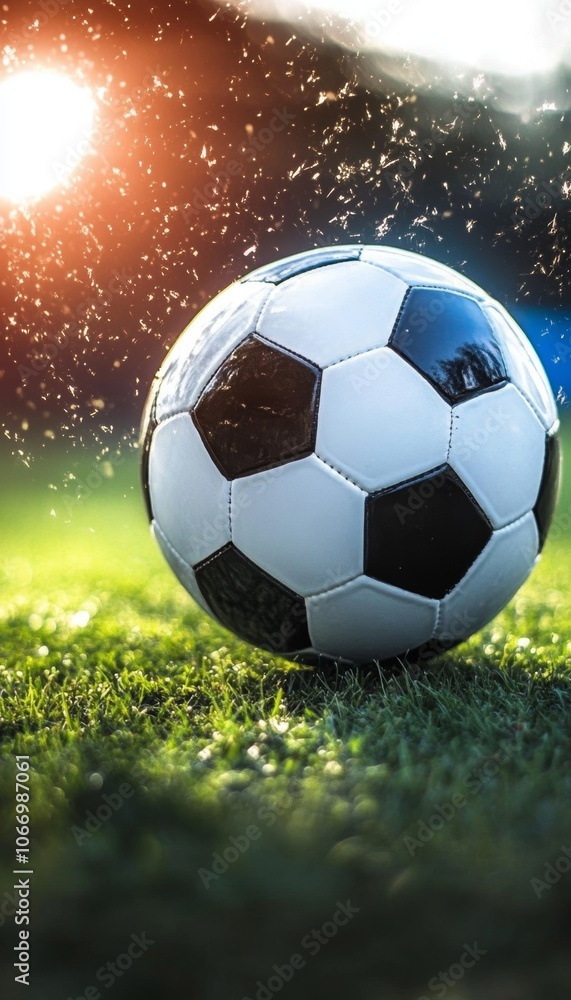 Naklejka premium Soccer Ball on Lush Green Field with Dramatic Sunset and Water Drops, Sports Background