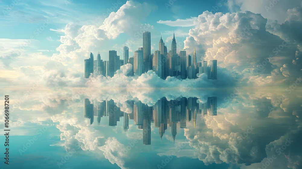 Fototapeta premium A cityscape floating in the sky, reflected on calm water, surrounded by clouds - a fantastical world