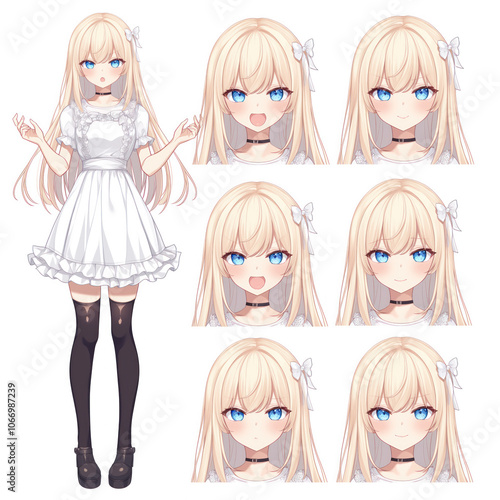 Cute blonde anime girl vtuber model wearing white dress and black over knee socks with different expressions on white background