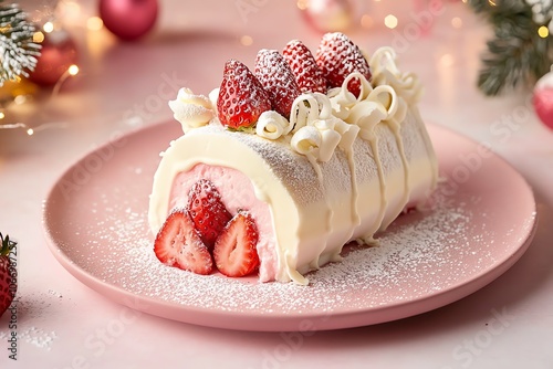 Bûche de Noël aux fraises et à la crème, décorée de boucles de chocolat blanc et de fraises sucrées sur une assiette pastel rose. photo