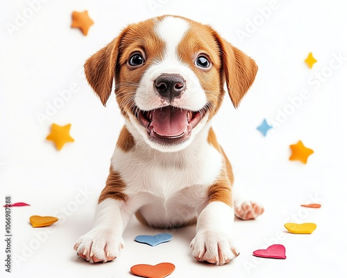 Joyful brown and white puppy with a playful demeanor, accompanied by colorful hearts and stars, isolated on a clean white background, perfect for fun childrens graphics photo