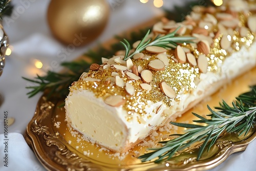 Bûche de Noël aux amandes et au miel, décorée de flocons d'amande dorés, brins de romarin et paillettes comestibles pour une ambiance festive et raffinée.. photo