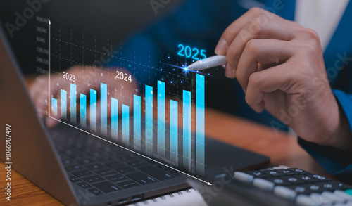 Photography 2024 business financial plan market concept, performance of profit growth on 2024 to 2025, education trend up finance on growth graph money revenue, Businessman analyzes profitability of working