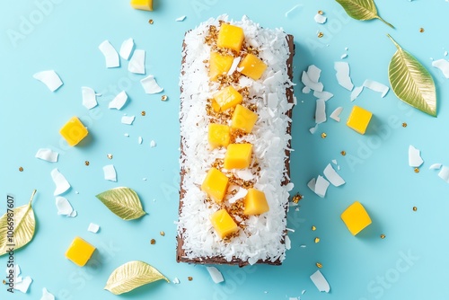 Bûche de Noël tropicale à la noix de coco et mangue, décorée de copeaux de noix de coco, cubes de mangue et feuilles d'or comestibles sur un fond bleu clair..