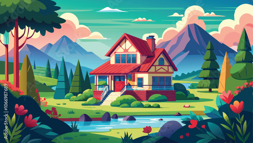 cozy two story cottage with a red roof surrounded vector