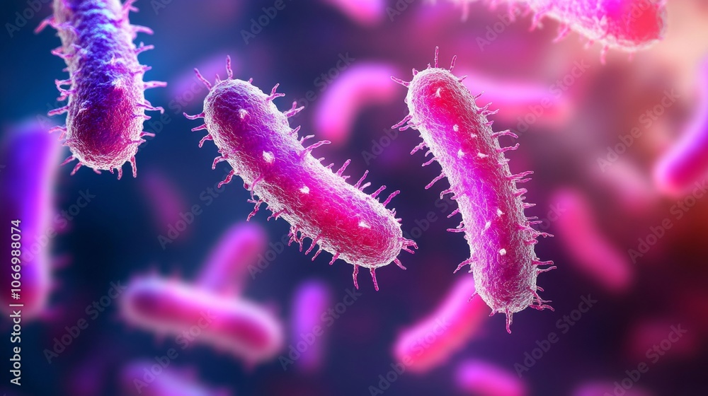 Colorful depiction of bacteria, showcasing their intricate shapes and structures, highlighting their microscopic nature in a vibrant environment. Colorful depiction of bacteria, showcasing their intricate shapes and structures, highlighting their microscopic nature in a vibrant environment.
