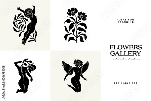 Woman with Flowers linocut Drawing. Female Figure Minimalist Illustration. Modern Trendy Line Art Drawing for Beauty Logo, Wall Decor, Fashion Minimal Print, Poster, Social Media.