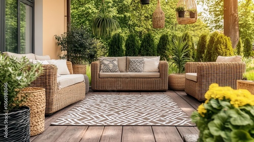 A cozy outdoor seating area featuring wicker furniture, a patterned rug, and lush greenery in a sunlit garden.