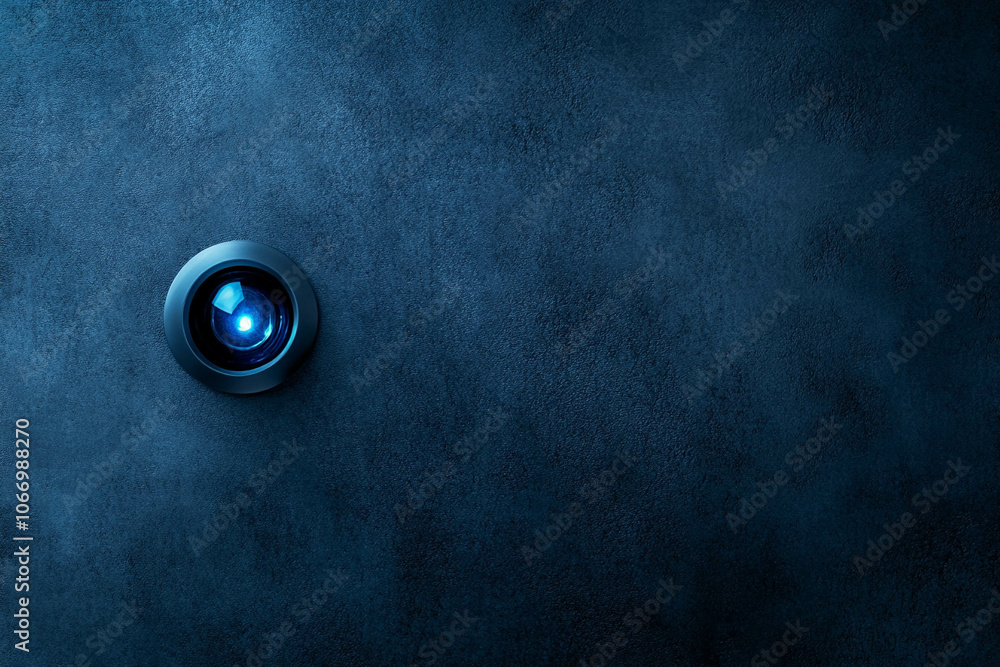 Close-Up of Blue Camera Lens on Dark Wall Close-Up of Blue Camera Lens on Dark Wall