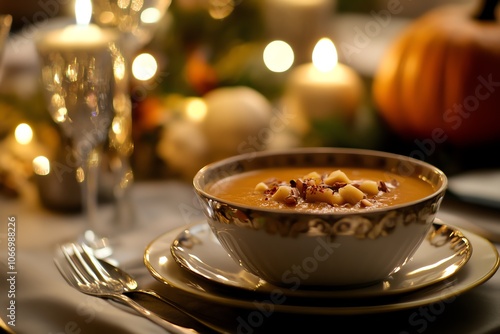 Velouté de châtaignes et de potiron, servi en entrée chaude pour réchauffer les invités lors des repas de fêtes..