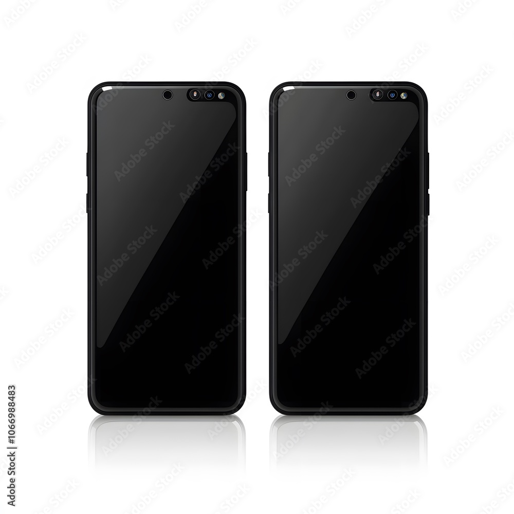 Two Black Smartphones with Blank Screens and Reflections Two Black Smartphones with Blank Screens and Reflections
