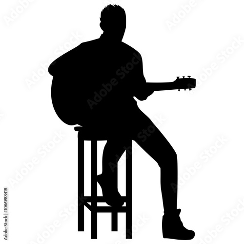 The silhouette of the guitar player is sitting on a tall chair. Perfect for stickers, icons and elements or advertising ornaments photo