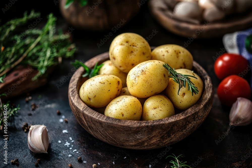 A bowl of fresh, yellow potatoes with rosemary, garlic, tomatoes, and herbs on a rustic dark background. A bowl of fresh, yellow potatoes with rosemary, garlic, tomatoes, and herbs on a rustic dark background.