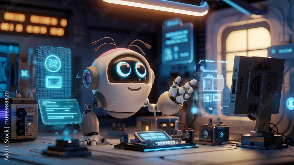 3D rendering technology concept with smart robot, attractive illustration of a robot AI assistant providing 3D rendering technology concept with smart robot, attractive illustration of a robot AI assistant providing
