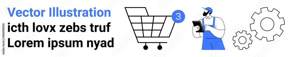 Shopping cart filled with three items, person holding clipboard, large gears. Ideal for e-commerce, inventory, management, logistics, online shopping, technology, business. Landing page Shopping cart filled with three items, person holding clipboard, large gears. Ideal for e-commerce, inventory, management, logistics, online shopping, technology, business. Landing page