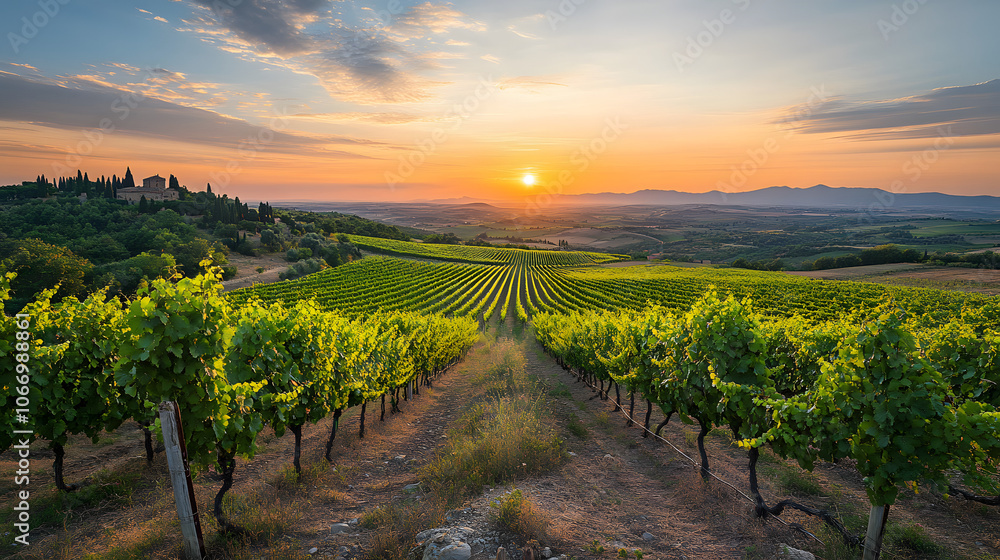 Naklejka premium Breathtaking Sunset Over Green Vineyards in Tuscany, Italy - Idyllic Landscape Photography