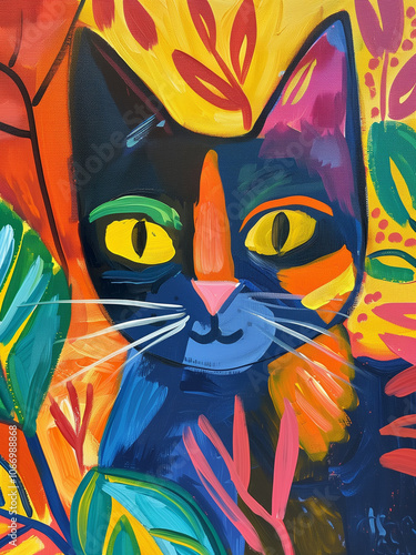  colorful cats acrylic painting print with large strokes of paint, bright colors and shades