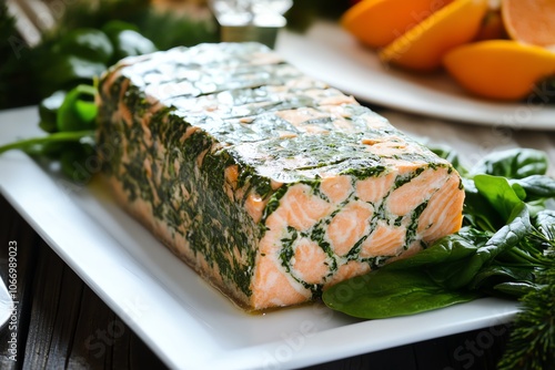 Terrine de saumon et d'épinards, fraîche et savoureuse, à servir en entrée lors du réveillon de Noël..