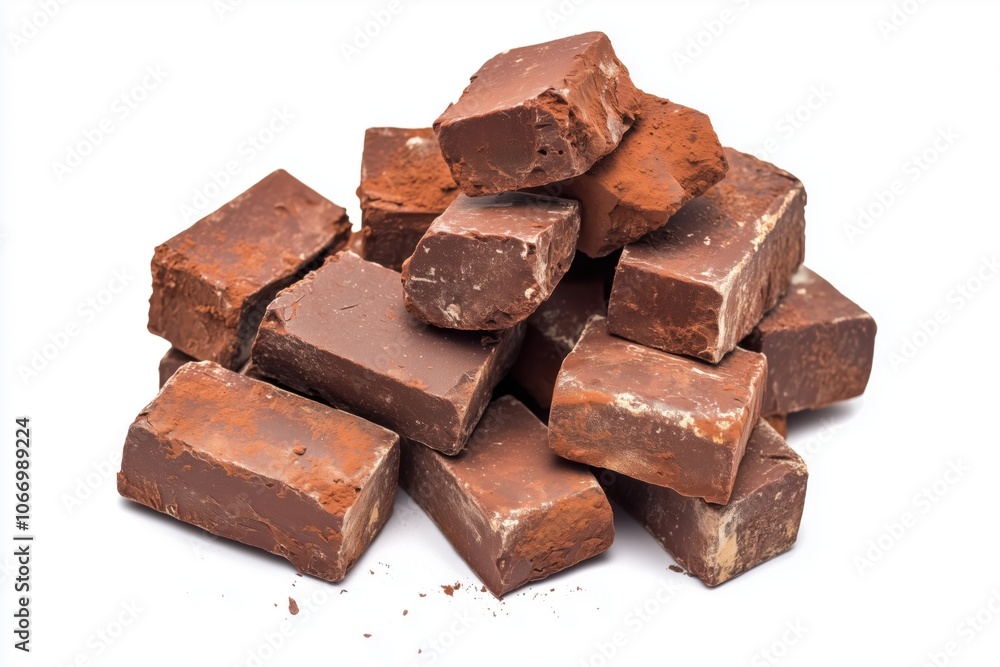 Chocolate blocks stacked, rich texture, various shades, cocoa dust Chocolate blocks stacked, rich texture, various shades, cocoa dust