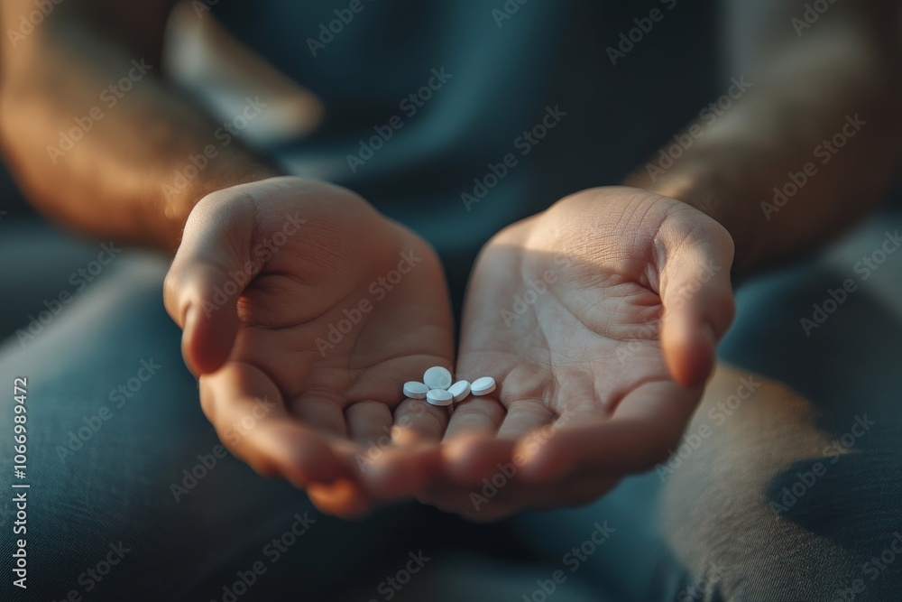 Close-up a medicine tablet in young man hand taking painkiller, Generative AI Close-up a medicine tablet in young man hand taking painkiller, Generative AI