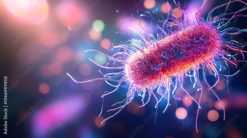A vibrant, artistic representation of a bacterium, showcasing its unique shape and colorful features against a softly blurred background. A vibrant, artistic representation of a bacterium, showcasing its unique shape and colorful features against a softly blurred background.