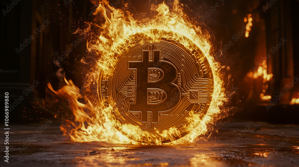 A large Bitcoin coin engulfed in flames, representing the volatility and intense interest in cryptocurrency markets. A large Bitcoin coin engulfed in flames, representing the volatility and intense interest in cryptocurrency markets.
