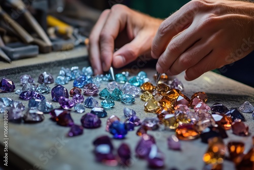 Gemstones sorting, colorful gems, hands arranging various shapes and sizes
