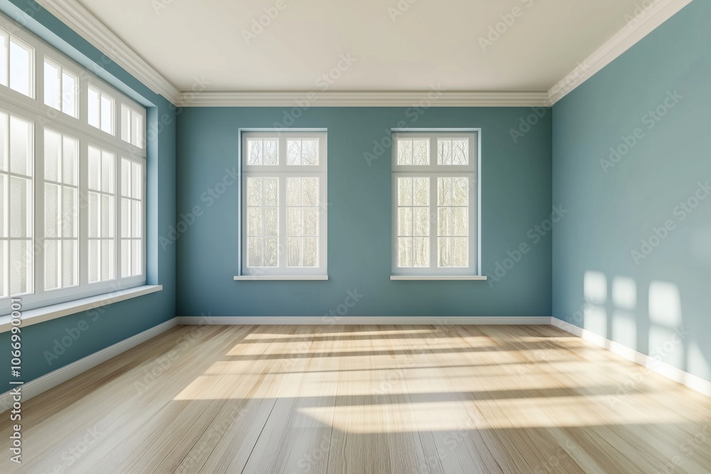 Bright empty room with large windows and wooden floor Bright empty room with large windows and wooden floor