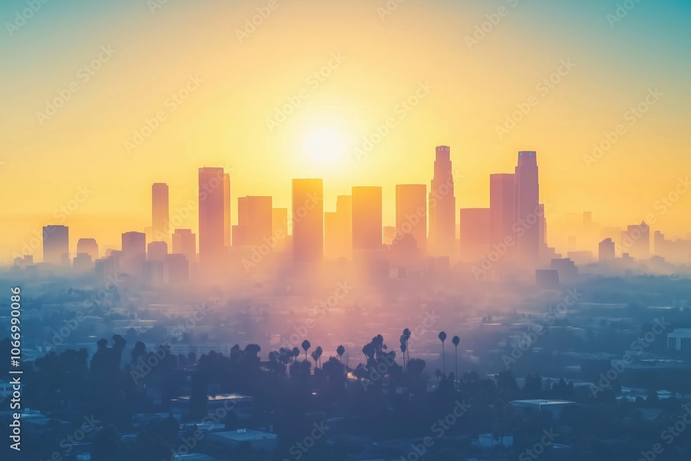 Los Angeles skyline at sunrise, vibrant colors, city silhouette, misty atmosphere Los Angeles skyline at sunrise, vibrant colors, city silhouette, misty atmosphere