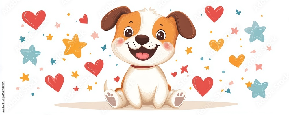 Sweet brown and white puppy sitting happily amidst vibrant hearts and stars, isolated on a pristine white background, engaging and cheerful illustration Sweet brown and white puppy sitting happily amidst vibrant hearts and stars, isolated on a pristine white background, engaging and cheerful illustration